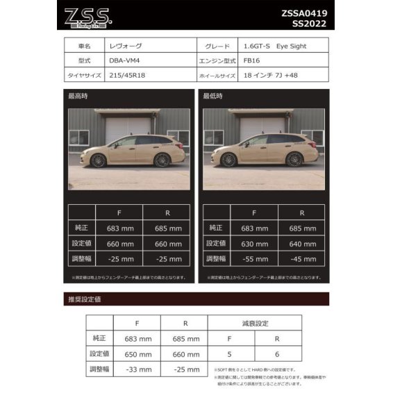 Z.S.S. ZSS フルタップ 車高調 RIGEL リゲル SUBARU LEVORG VM4 VAG